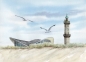 Preview: Postkarte DIN-A6 Aquarell Maritim Kunst Druck Kunstdruck Ostsee Leuchtturm Warnemünde Rostock Teepott Möwen WA11